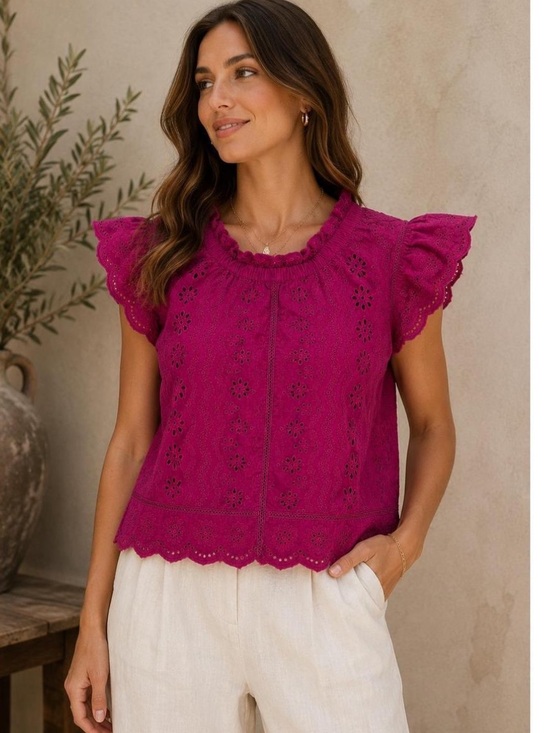 Jennifer & Grace Tops - Jennifer & Grace Feminine Eyelet Flutter Sleeve Top in Magenta